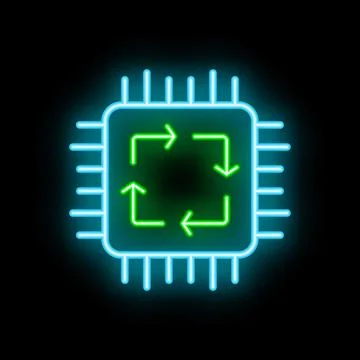 Neon cpu icon showing refreshing data process Illustrazione stock