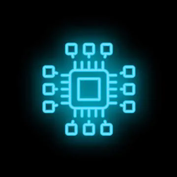 Neon cpu microchip icon glowing on dark background Stock Illustration