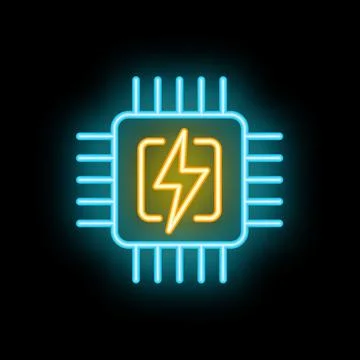 Neon cpu processor glowing with power symbol inside on black background Ilustração Stock