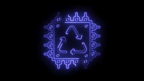 Neon cpu with recycling symbol on a black background representing technology and Stock Footage 322989216
