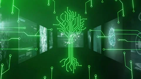 Neon crescent arising, dissolving into lines forming circuit tree, linking Stock Footage 330893481