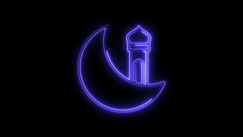 Neon crescent moon and mosque minaret glowing outline on black background vid Stock Footage 314542144