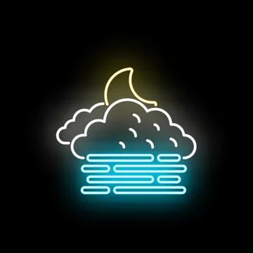 Neon crescent moon behind cloud with fog Stock Illustration