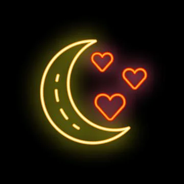 Neon crescent moon shining with romantic hearts glowing at night Ilustração Stock