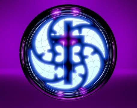 Neon cross inside of circle. 3d render Stock Photos