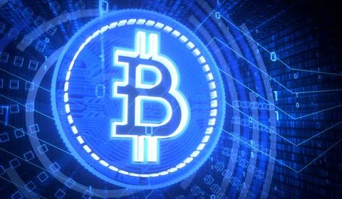 Neon Cryptocurrency Bitcoin and Binary Code - 3D illustration Stock Illustration