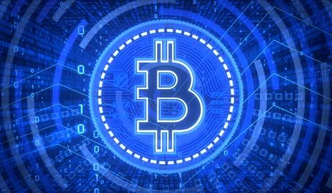 Neon Cryptocurrency Bitcoin and Binary Code - 3D illustration Stock Illustration
