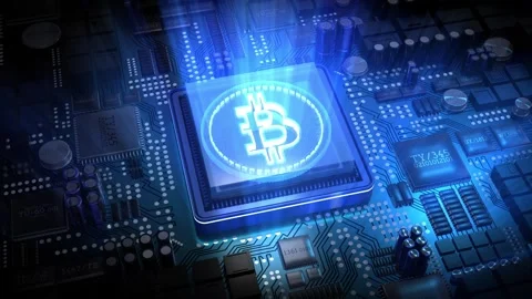 Neon Cryptocurrency Bitcoin on Computer Motherboard with Processor Stock Footage 334396177