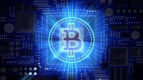 Neon Cryptocurrency Bitcoin on Computer Motherboard with Processor Stock Footage 334402028