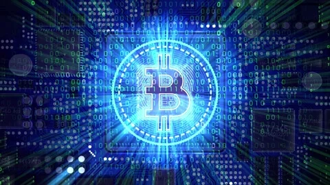 Neon Cryptocurrency Bitcoin on Computer Motherboard with Processor Stock Footage 334406830
