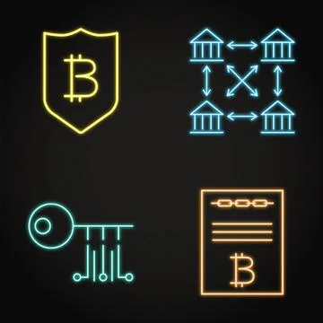 Neon cryptocurrency icon set in line style Stock Illustration