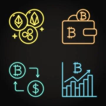 Neon cryptocurrency icon set in line style Stock Illustration