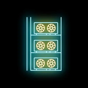 Neon cryptocurrency mining farm rig with glowing gpus 스톡 일러스트