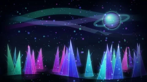 Neon Crystal Forest on an Exoplanet with Ringed Planet and Aurora Loop 库存影片 343874858