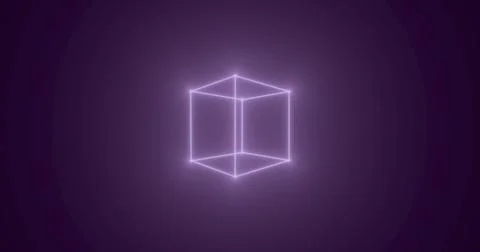 Neon cube in a dark space. The glowing cube is reflected on a lilac background. Stock Illustration
