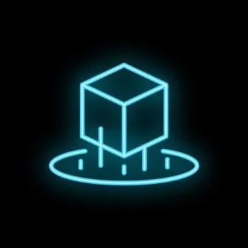 Neon cube floating over circular base on black background Illustrazione stock