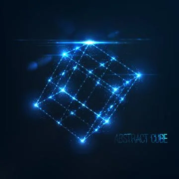 Neon cube in perspective with lens flare and glowing particles Stock-Illustration