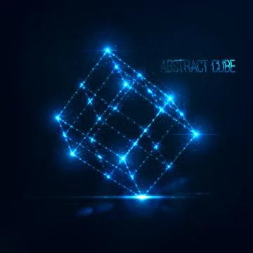 Neon cube in perspective with lens flare and glowing particles Stock Illustration