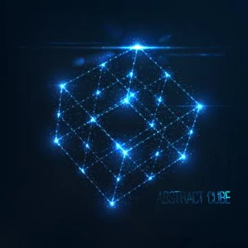 Neon cube in perspective with lens flare and glowing particles Stock-Illustration