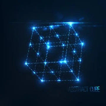 Neon cube in perspective with lens flare and glowing particles Stock-Illustration