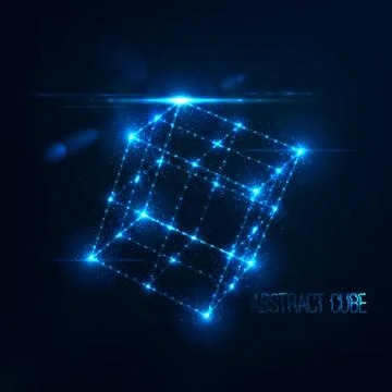 Neon cube in perspective with lens flare and glowing particles Stock-Illustration