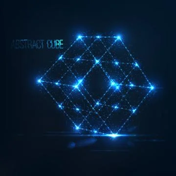 Neon cube in perspective with lens flare and glowing particles Stock Illustration