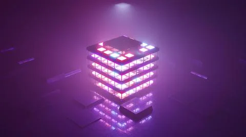Neon cube in sci fi room 4K UHD 3D illustration Illustrazione stock