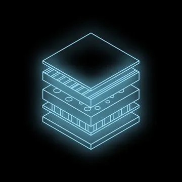 Neon cube showing different layers of material in isometric view 스톡 일러스트