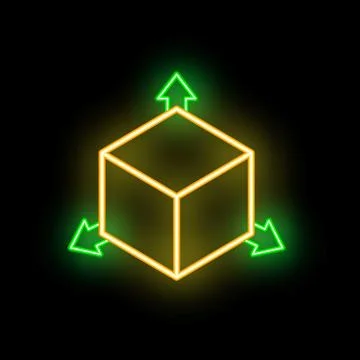 Neon cube showing three dimensional axis system on black background Stock Illustration