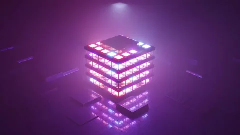 Neon Cube Structure – Futuristic Glowing Sci-Fi Tower Art Stock Footage 303132100