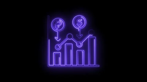 Neon currency exchange chart featuring decreasing ruble and dollar values with Stock Footage 322993537