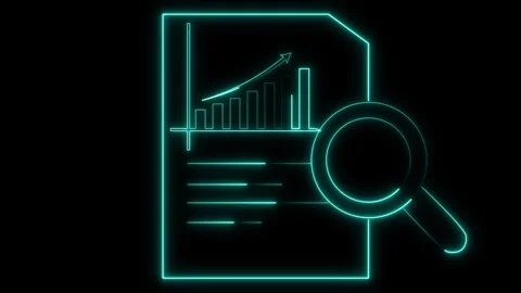 Neon cyan document analysis with magnifying glass. Document analysis report.. Stock Footage 337369521