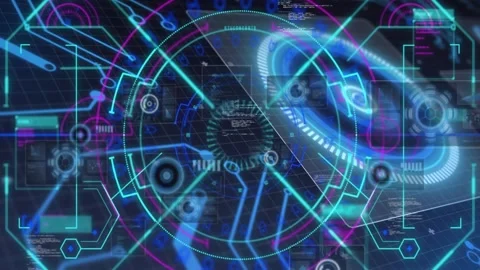 Neon cyan elements entering right, holo HUD expanding, adding code, rotating Stock Footage 329122483