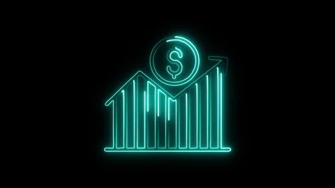 Neon cyan glowing finance graph with dollar coin symbol and upward arrow is.. Stock Footage 345548363