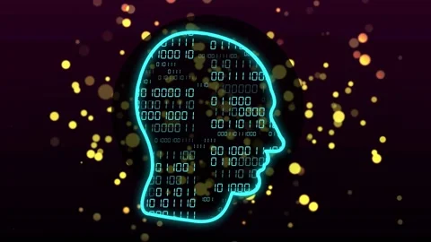 Neon cyan head appearing, binary matrix scrolling and golden bokeh drifting to Stock Footage 334768433