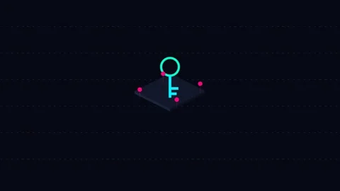 Neon cyan key icon floating on a dark isometric platform with glowing dots Stock Footage 338310345