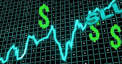 Neon cyan line graph fluctuating across trading interface grid, with neon green Illustrazione stock