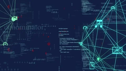 Neon cyan network emerging from right, drawing links and pulsing nodes, showing Stock Footage 334337957