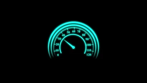 Neon cyan speedometer interface displaying dynamic speed acceleration with .. 库存影片 334128418