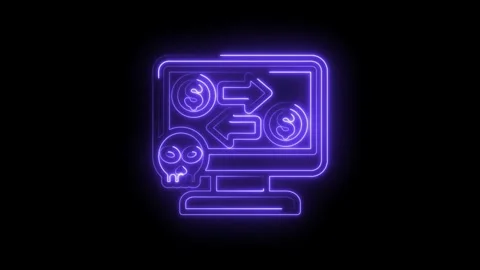 Neon cyber attack on computer screen with skull icon and dollar signs showi.. Stock Footage 346139646