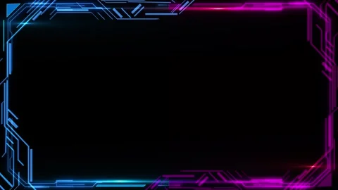 Neon cyber frame background blue circuit borders, black center space, sharp tech Stock Footage 340398446