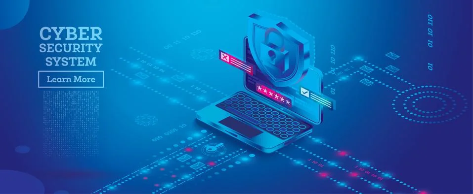 Neon Cyber Security Concept. Data Protection Concept. Laptop with Shield. Illustrazione stock