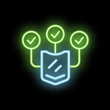 Neon cyber security icon showing shield and check marks Stockillustratie