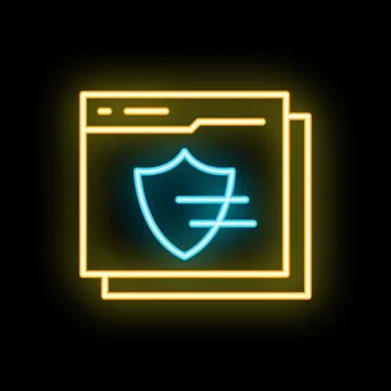 Neon cyber security icon showing a shield protecting webpages Stock Illustration