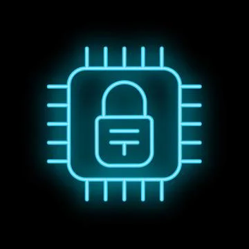 Neon cyber security icon showing microchip with padlock Stock Illustration