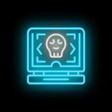 Neon cyber security icon showing laptop with skull and target Stock-Illustration