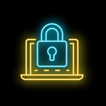 Neon cyber security lock on laptop icon glowing on black background Stock Illustration