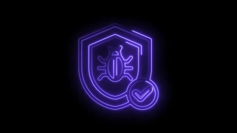 Neon cyber security shield with bug icon and checkmark glowing purple on bl.. Stock Footage 346139526