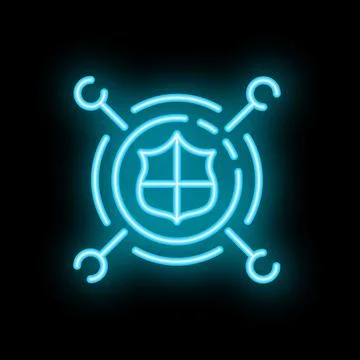 Neon cyber security shield icon protecting data with digital network connec.. Illustrazione stock