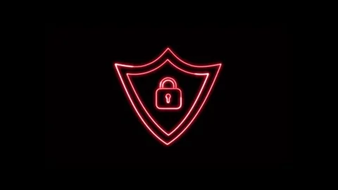 Neon Cyber Security Shield with Lock Symbol on Isolated Black Background Stock Footage 334902963